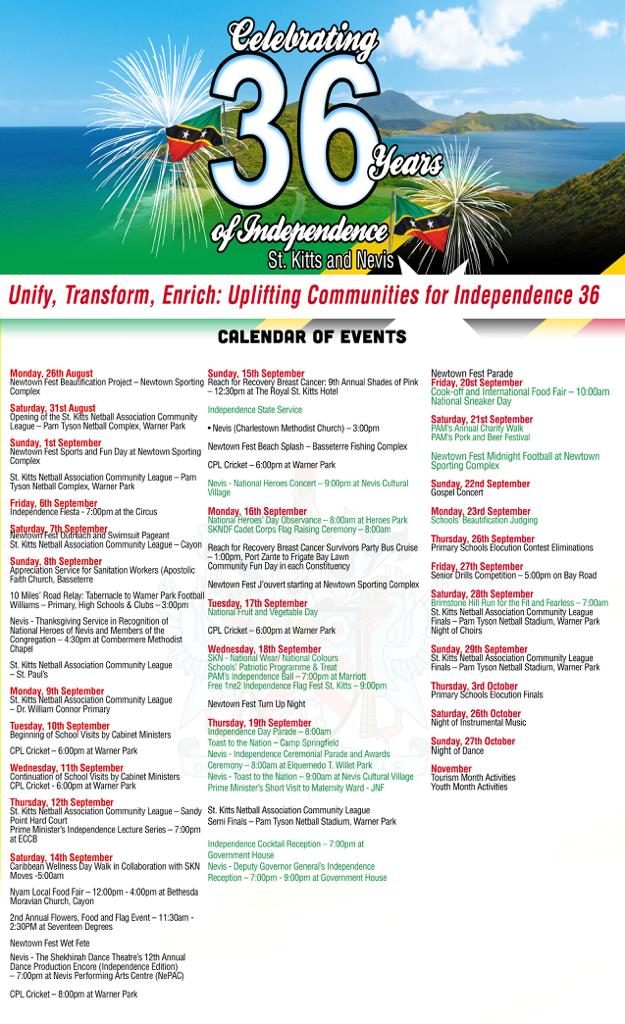 INDEPENDENCE 36 OFFICIAL CALENDAR OF ACTIVITIES RELEASED
